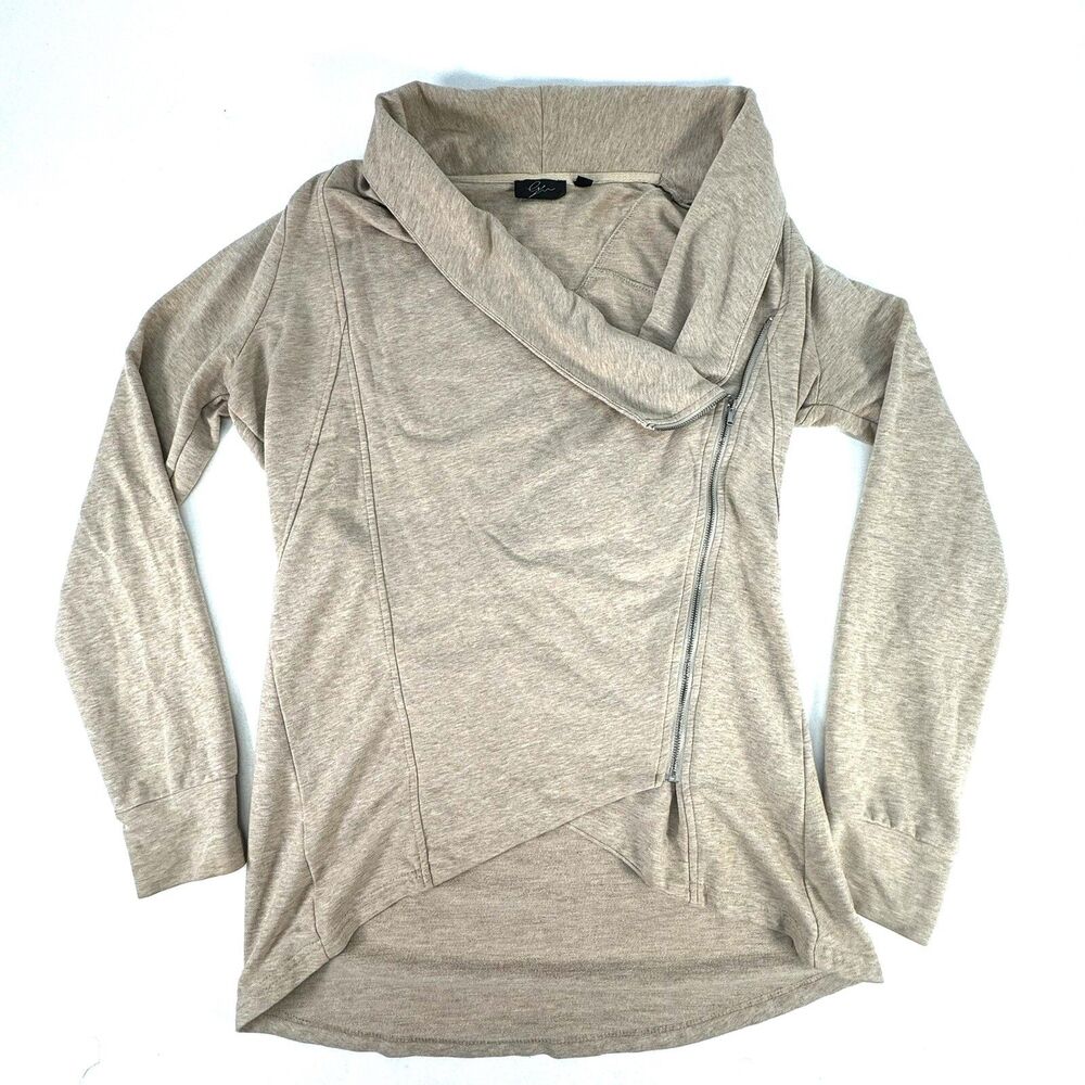 Cyrus Knit Moto Jacket Size M Zip Cardigan Heathered Tan Asymmetrical Waterfall